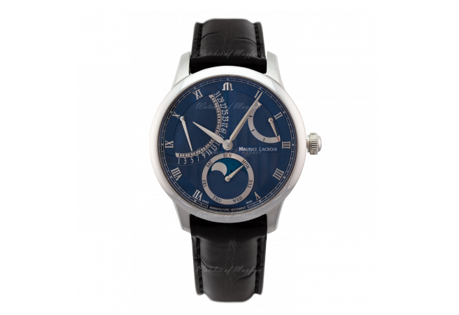 Maurice Lacroix Masterpiece Moophase Retrograde Power Reserve Blue Dial Automatic MP6528-SS001-430 MP6528SS001430